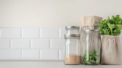 Zero Waste Kitchen Concept with Reusable Glass Jars and Cloth Bags for Sustainable Living