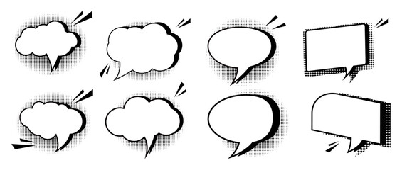 Set of speech bubbles of different shape with halftone shadow
