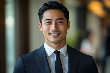 Fototapeta premium Confident Businessman in Gray Suit Smiling with Black Tie