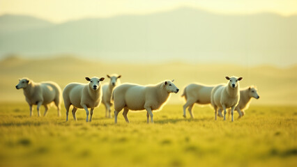 Obraz premium Tranquil Scene of Sheep Grazing in Open Pastures, Celebrating the Beauty of Nature and Pastoral Life