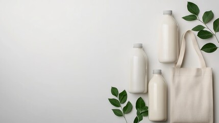 Zero Waste Concept with Reusable Bottles and Eco-Friendly Tote Bag on Minimalist Background