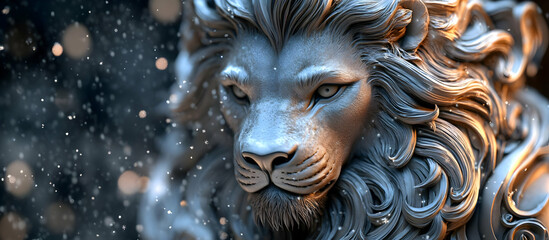 Majestic Lion Statue with Snowflakes.