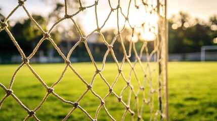 A soccer field's goal net with a focus on the netting and grass, outdoor setting with mid-morning sun, Fresh style