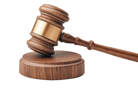 A classic wooden gavel on a circular block, symbolizing justice and authority in a courtroom setting on transparent background.