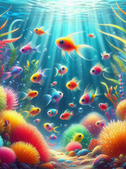 Fototapeta premium Playful fish fry swimming joyfully among colorful underwater plants and coral reefs