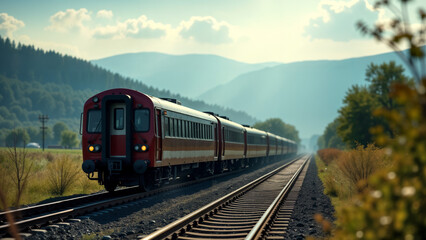 Fototapeta premium Captivating Scene of a Passenger Train Parked at a Forked Railroad Track Amidst Scenic Countryside