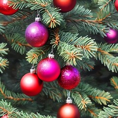 Fototapeta premium Colorful Christmas decorations adorn the branches of a spruce tree, vibrant balls in shades of red and pink, embodying holiday cheer in winter. Happy New Year art drawing background. Generative AI