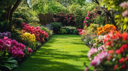Fototapeta premium Garden with vibrant flowers in full spring bloom, offering a beautiful view