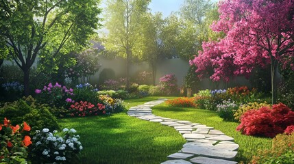 Fototapeta premium Garden with vibrant flowers in full spring bloom, offering a beautiful view