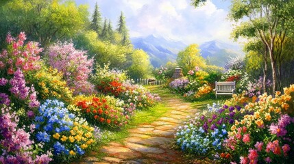 Obraz premium Garden with vibrant flowers in full spring bloom, offering a beautiful view