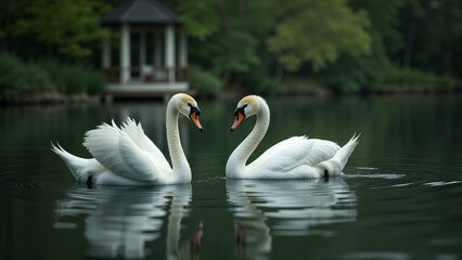 Naklejka premium A Serene Escape: Two White Swans Gracefully Floating in a Quiet Corner with White Sinks Nearby