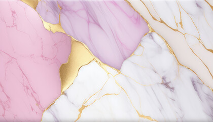 Fototapeta premium Luxury Pink White Marble Background with Golden Veins. Marbled Texture. Fluid Pink Gold White Marbled Backdrop. Elegant Modern Background for Banner, Greeting Card, Invitation