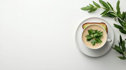 Minimalist Lunch Break with Coffee and Sandwich on White Background with Greenery