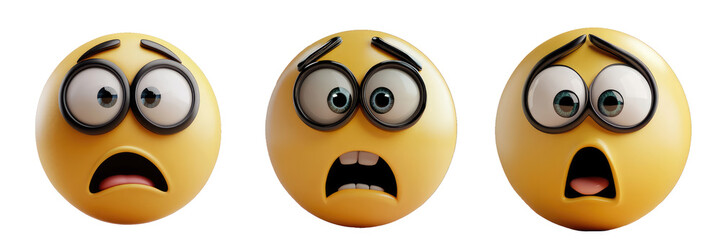 Naklejka premium A trio of vibrant emoji faces showcases distinct emotions like fear, surprise, and shock. Each expression features oversized eyes and exaggerated features, adding humor and personality