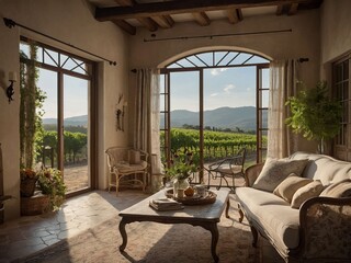 a photorealistic mockup of a cozy Provençal living room, with light, airy fabrics, a vintage chaise lounge, and decorative elements like wrought iron accents and floral patterns. Include a window view