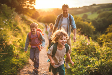 Happy family enjoying an outdoor adventure together, A joyful child leads a family hike along a countryside trail, bathed in the warm light.