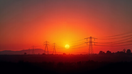 Dramatic Landscape with Power Lines Against a Vibrant Sunset Horizon
