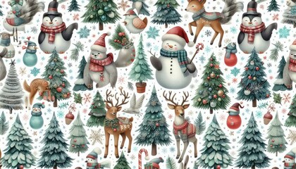 Watercolor holiday scene, featuring a pattern of Christmas trees and hand-drawn animals nestled among snow-covered trees. A festive New Year's illustration with soft, delicate strokes