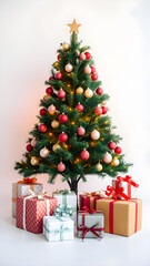 Christmas tree and gift wrapping on white background. Generative AI