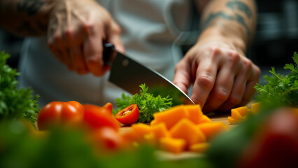 A Knife Skillfully Slicing Fresh Vegetables with Professionals Observing in a Dynamic Kitchen Environment