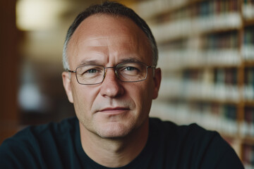 Obraz premium Close-up personal branding headshot of a man with glasses in a library