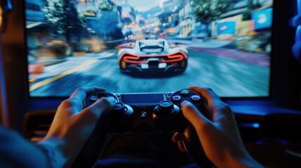 Gamer Holding a Controller with a Racing Game on the Screen
