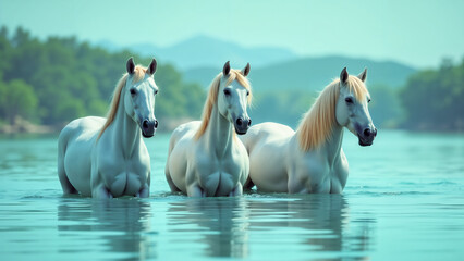 Obraz premium Majestic Tranquility: Three Horses Embracing Freedom by Crystal Clear Waters in Nature