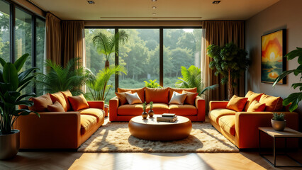Fototapeta premium Warm and Inviting Living Room Next to a Beautiful Indoor Garden Designed for Comfort
