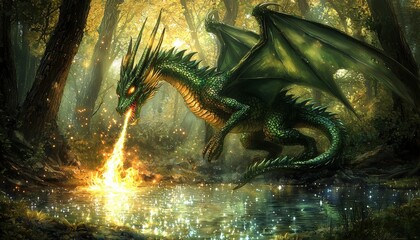 A majestic green dragon breathes fire over a shimmering pond in a mystical forest, highlighting fantasy elements and nature's beauty.