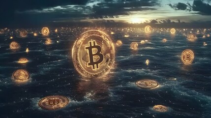 A calm ripple of cryptocurrency symbols spreading out over a dark digital sea during a national finance event