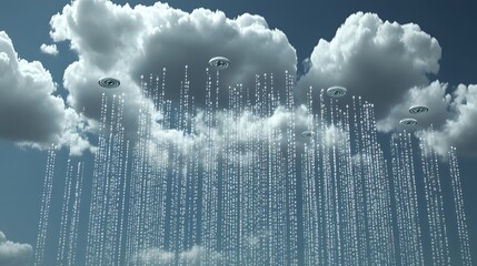 A storm of virtual coins raining down through clouds of binary code at a fintech innovation summit
