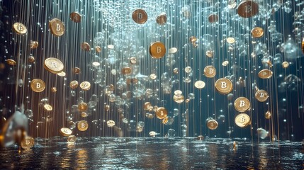 A storm of virtual coins raining down through clouds of binary code at a fintech innovation summit