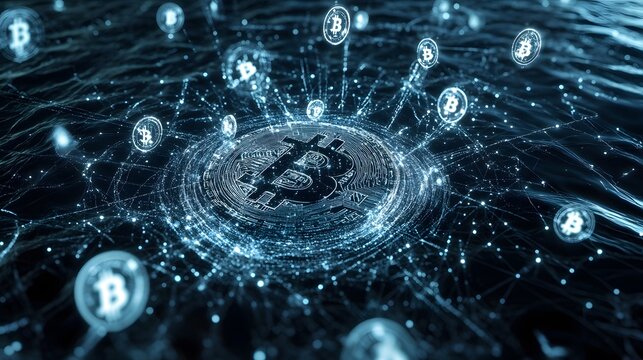 A calm ripple of cryptocurrency symbols spreading out over a dark digital sea during a national finance event