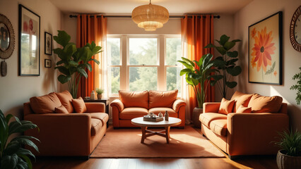 Fototapeta premium A Cozy Small Living Room Bursting with Colorful Decorations and Inviting Warmth for Family Gatherings