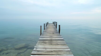 Fototapeta premium A wooden pier extends out into a calm, blue body of water.