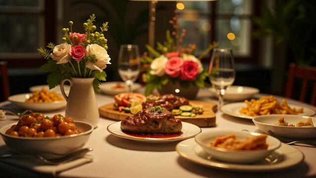 Nostalgic Elegance: A Vintage Table Setting Filled with Scrumptious Dishes and Flowers