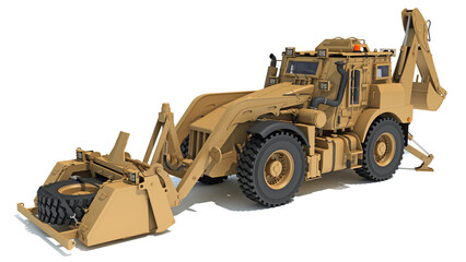 Military Excavator heavy construction machinery 3D rendering on white background
