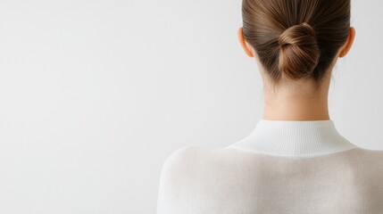 Back View of Woman with Clear Skin and Neat Bun Hairstyle Against Minimalist White Background