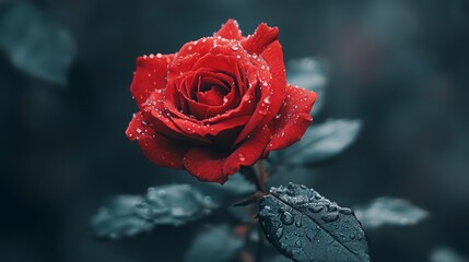 Red rose with water droplets on the petals.