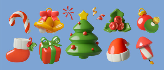 Christmas and New Year holiday decorations 3d icons collection. Christmas tree and stocking, gift box, jingle bells, holly berry, fireworks, candy cane, Santa hat, confetti and ornaments.