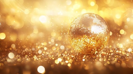 Shiny disco ball under golden lights with a bokeh effect for a party-themed banner