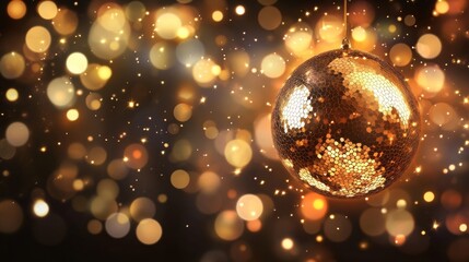 Shiny disco ball under golden lights with a bokeh effect for a party-themed banner