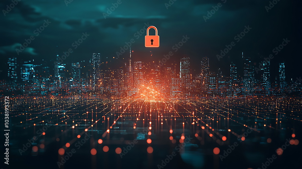 Poster Exploring the intersection of urban landscapes and digital security city skyline with data networks and lock symbol
