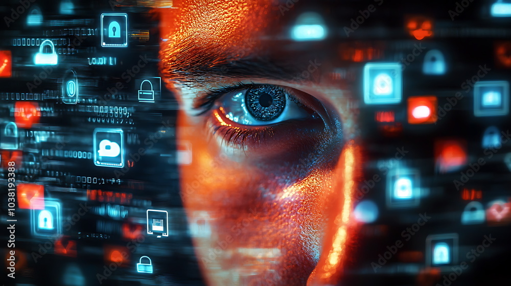 Poster close-up view of a person's eye surrounded by digital security icons representing privacy and protec