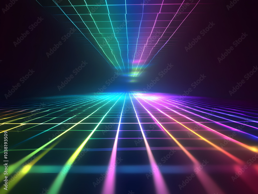 Leinwandbilder Vibrant neon grid a colorful abstract representation of light and depth on a dark canvas for visual impact