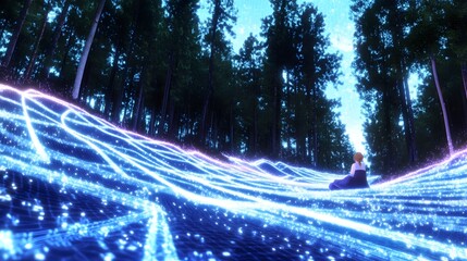 A glowing river of cryptocurrency symbols flowing gently through a digital landscape at a national finance event