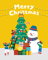 Children celebrate Merry Christmas together at home in the yellow background