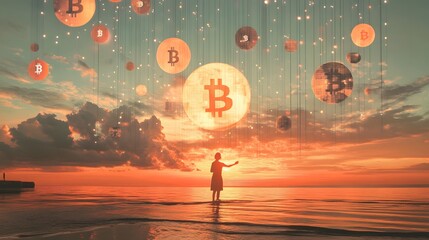 A digital sun rising over a horizon of floating cryptocurrency icons at a global blockchain forum