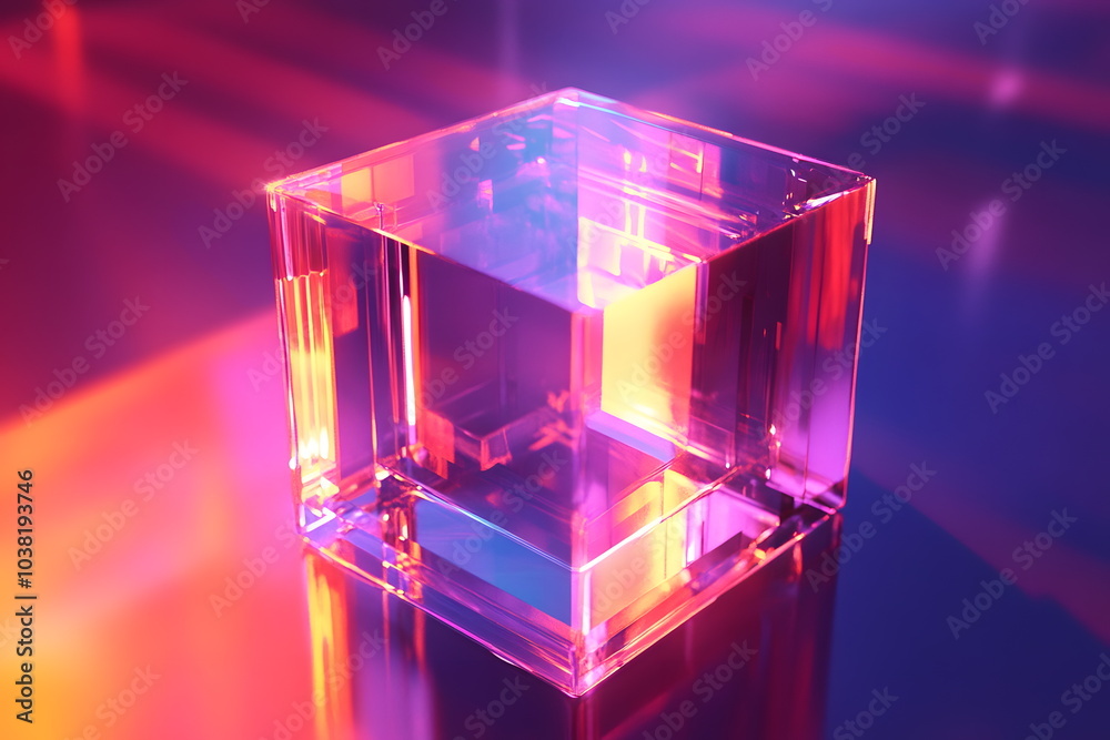 Poster Captivating illumination a colorful crystal cube set against an abstract background of vibrant light and reflection