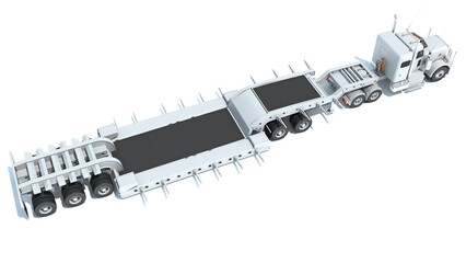 Semi Truck with Lowboy Platform Trailer 3D rendering on white background